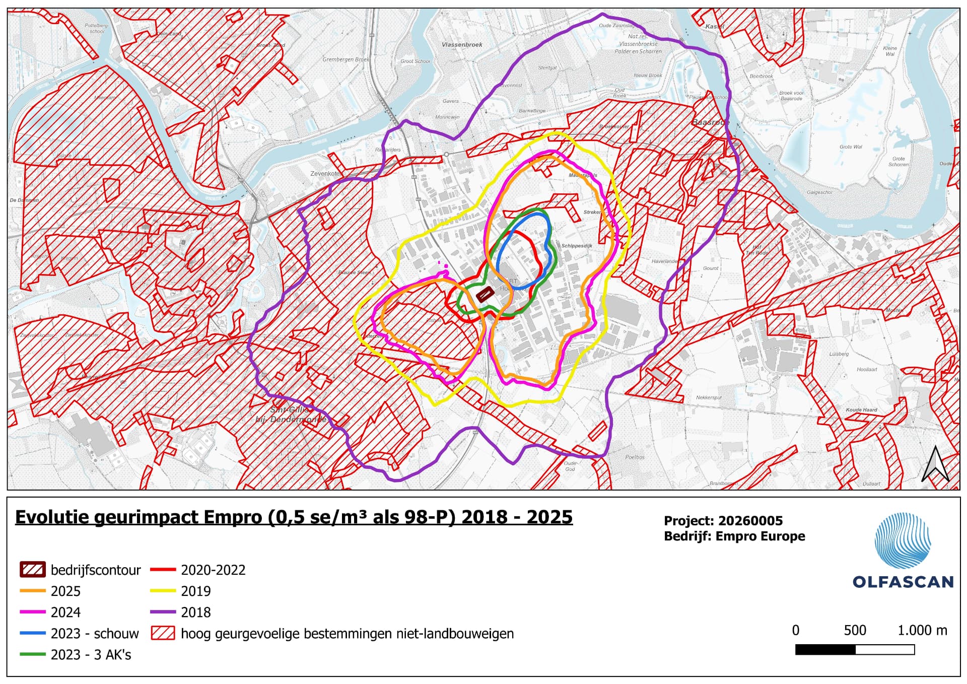 Kaart van Olfascan met de geurimpactcontouren van 0,5 se per kubieke meter rond Empro voor 2018 tot en met 2025, inclusief legenda