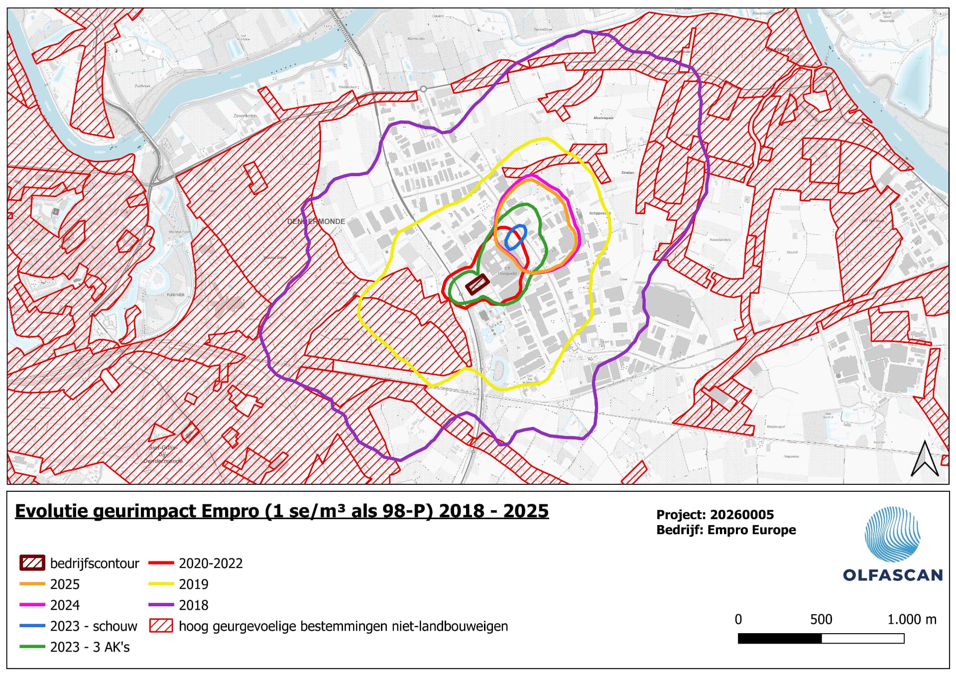 Kaart van Olfascan met de geurimpactcontouren van 1 se per kubieke meter rond Empro voor 2018 tot en met 2025, inclusief legenda