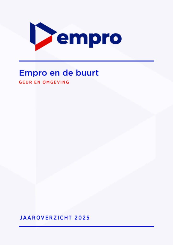 Voorkant van het rapport met het Empro-logo, de titel Empro en de buurt, geur en omgeving, en onderaan Jaaroverzicht 2025.